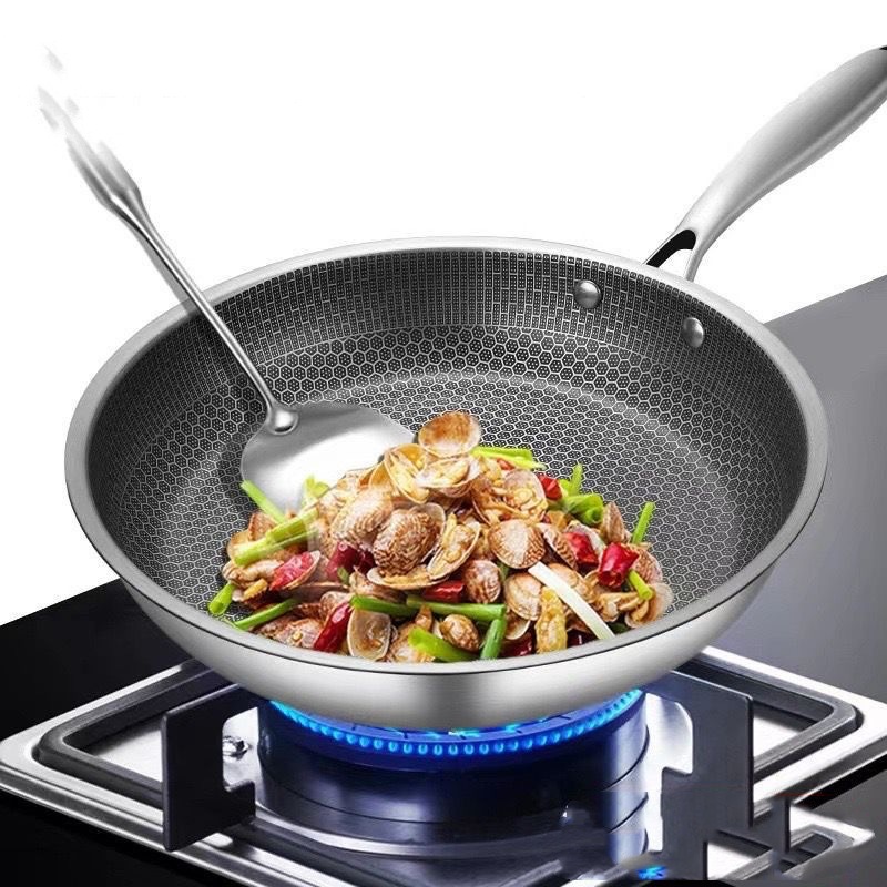 Cross-Border Stainless Steel Wok Household Non-Stick Pan Uncoated Frying Pan Wok Induction Cooker Frying Pan