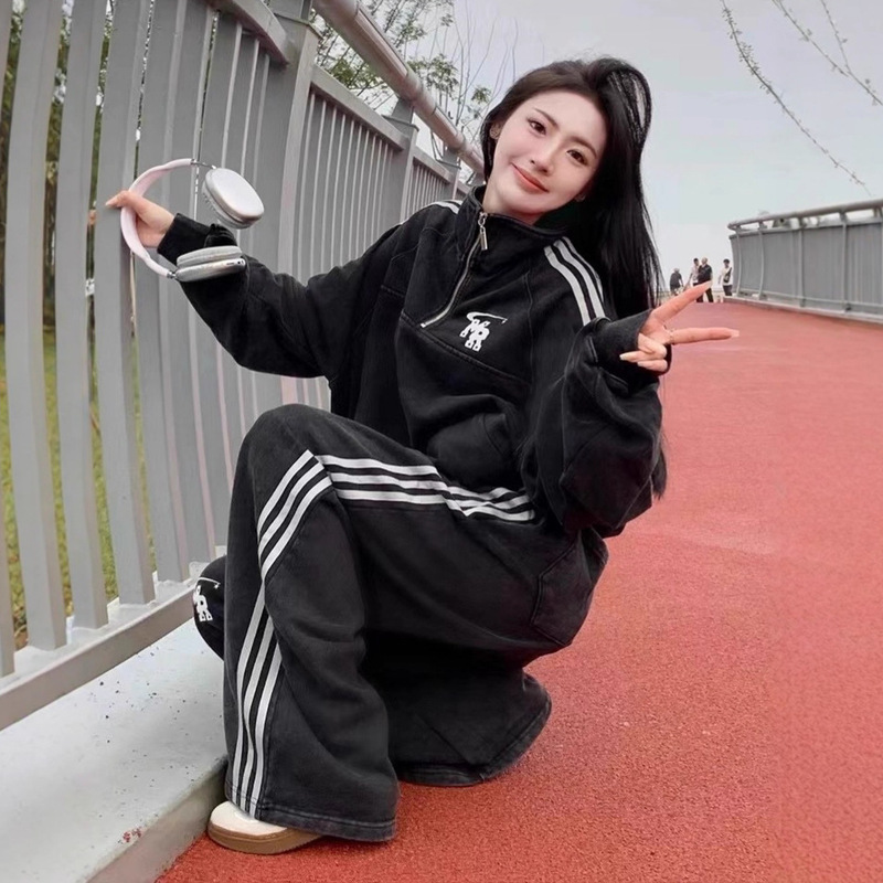 高街ootd运动服套装女秋学生宽松显瘦韩版时尚炸街卫衣休闲两件套|undefined