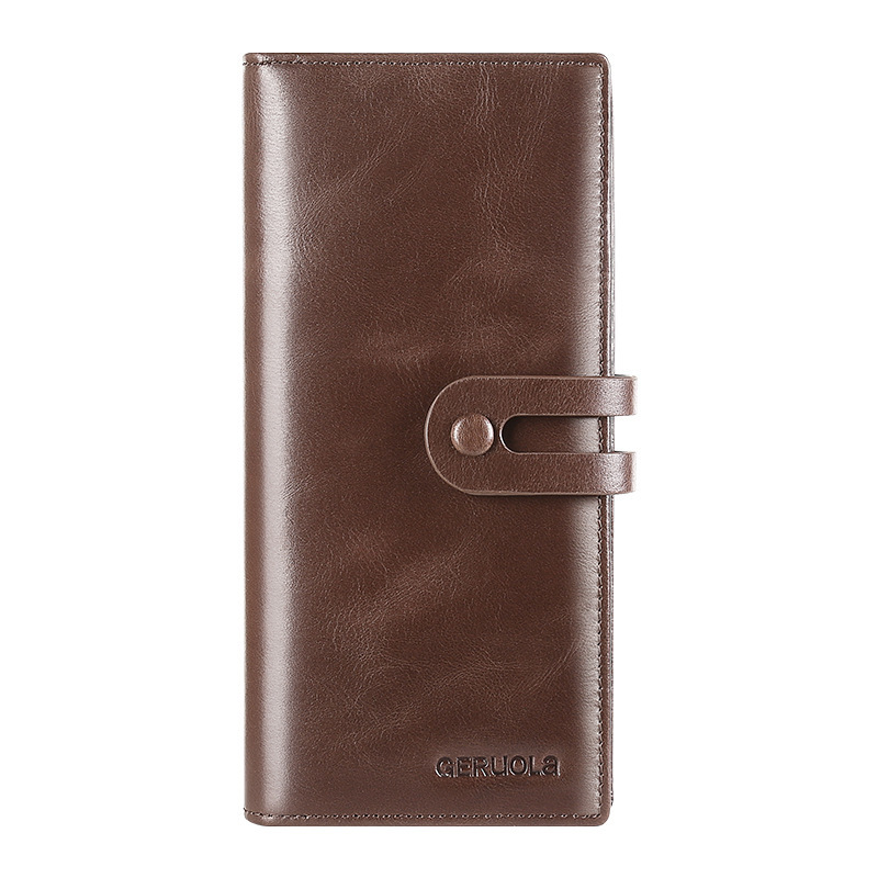 Venta directa de fábrica billetera con hebilla larga para hombre, cuero de gran capacidad, billetera con múltiples asientos, capa superior, piel de vaca, todo fósforo para hombre