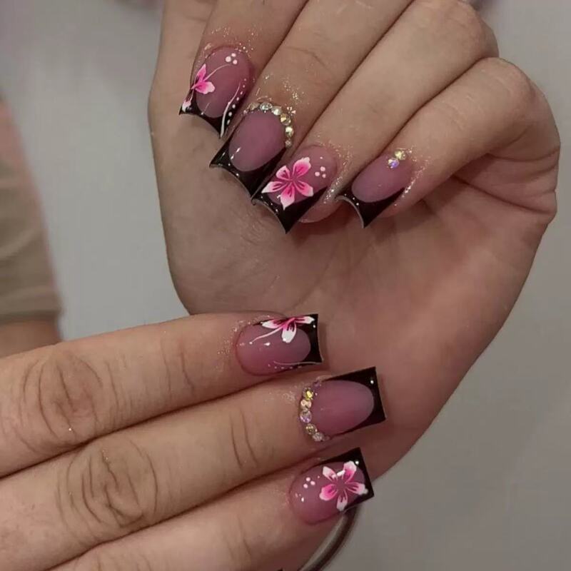 Cross-Border Black French Medium Water Pipe Simple Blush Flower Design Pink Wearable Manicure Patch Fake Nail Patch