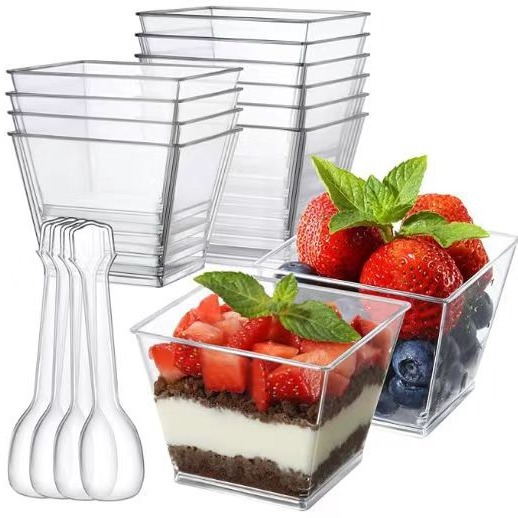 120ml 4OZPS Copa de postres de plástico Copa de mousse Copa de salvado de madera Copa de pudín Tiramisú Copa de moldeo por inyección más cuchara