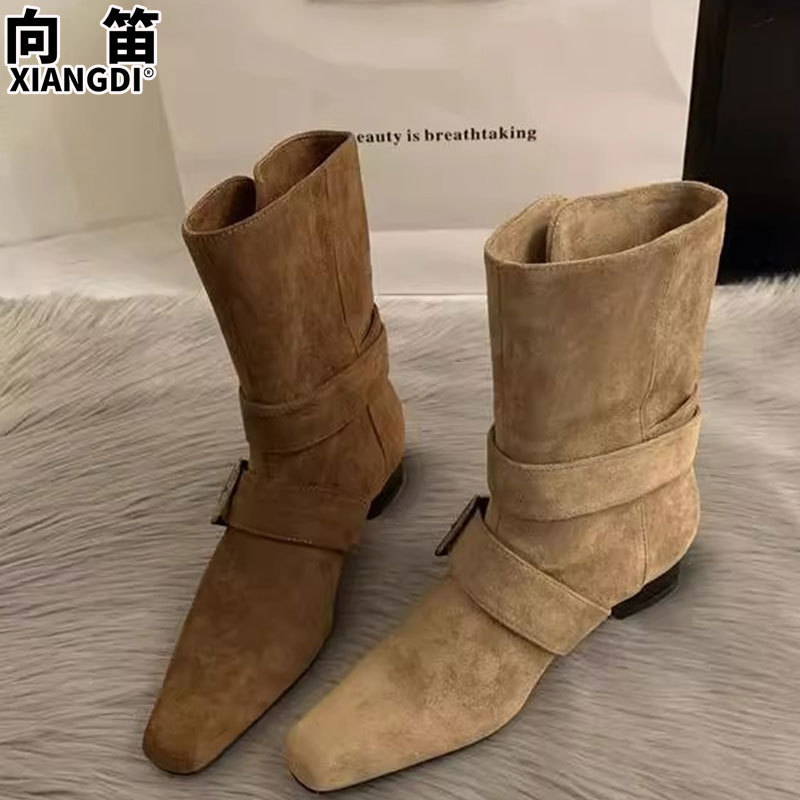 牛反绒法式小短靴女2025秋冬季新款西部牛仔靴粗跟中筒靴子骑士靴|undefined