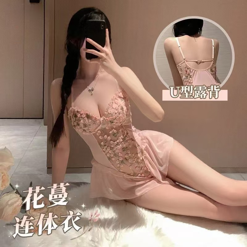 Bai Ling 섹시한 속옷 꽃무늬 귀여운 순수한 욕망 오픈 점프 슈트 Deep V 섹시한 유니폼 탈부착 가능한 잠옷