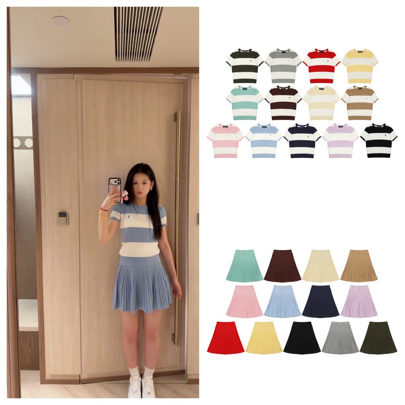 Ralph Lauren Classic Basic Cable Knit Contrast Color Striped Embroidered Logo Goddess Style Summer Knit Set