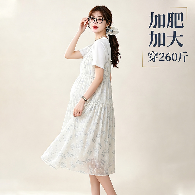 Plus-Size Summer Maternity Dress, Sweet Two-Piece Dress, Summer Wear, Short-Sleeved Spliced ​​Floral Chiffon Skirt