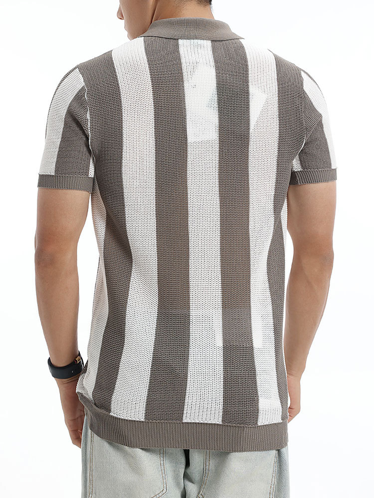 Europa y los Estados Unidos transfronterizos para hombres colores contrastantes rayas verticales jersey polo seda de hielo semia cremallera collar manga corta hombre de negocios casual