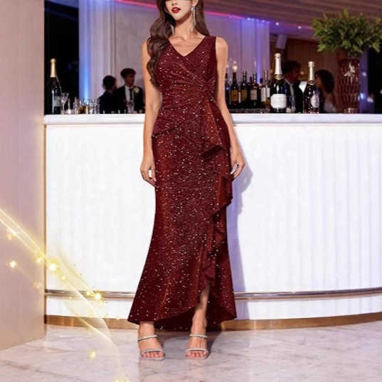 2026 New Sexy V-Neck Dress, Sequined Slit Evening Gown for Dinner Parties, Cross-Border European and American Amazon 2026 New Sexy V-Neck Dress, Sequined Slit Evening Gown for Dinner Parties, Cross-Border European and American Amazon