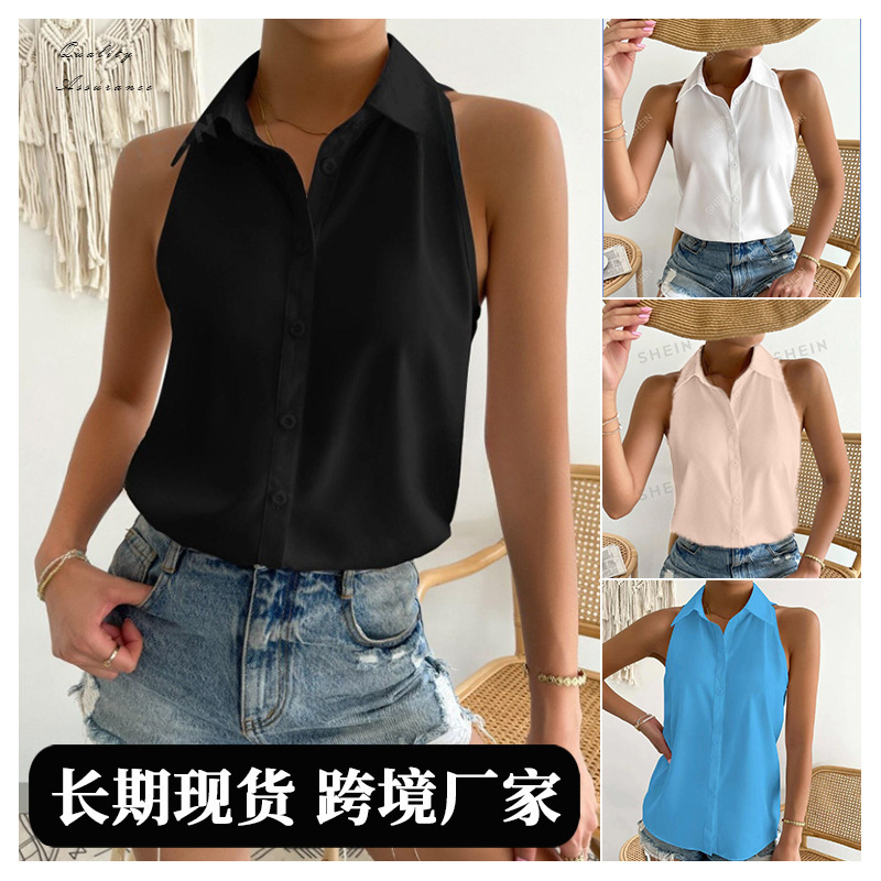 Satin Sleeveless Shirt for Women Spring New Satin Top Casual Work Clothing Pure Color Shirt Supply