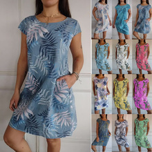 跨境 2024亚马逊独立站欧美女装新款圆领口袋宽松印花短袖连衣裙