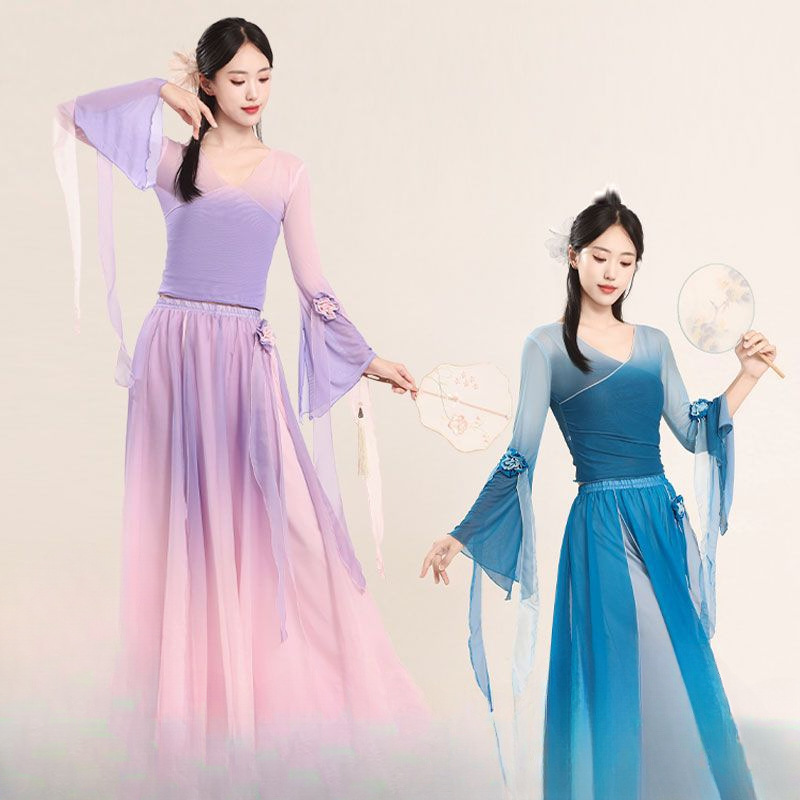 原创古典舞蹈服渐变花朵纱衣飘逸大摆裙中国舞练功服演出服 超仙|undefined