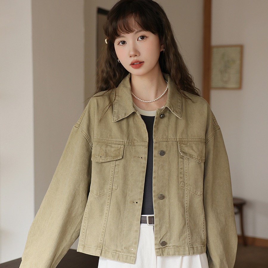 Women's Denim Jacket Spring Hong Kong Style Retro Loose Simple Versatile Lapel Jacket Short Jacket