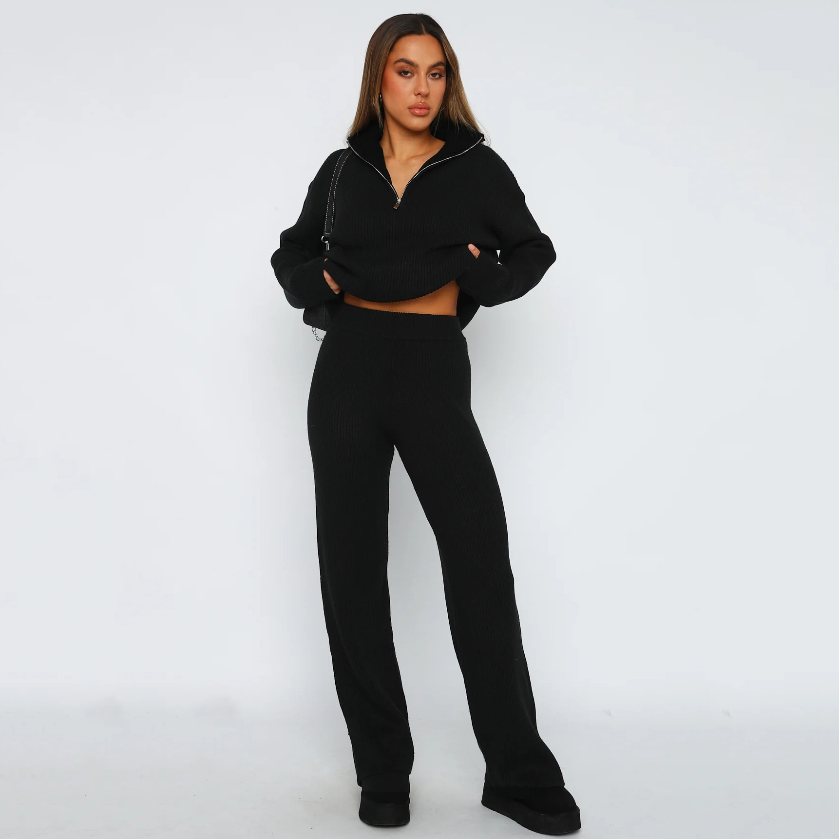 Damen Strick Zweiteiler Set Casual Langarm Pullover Und Hose_voghion.com