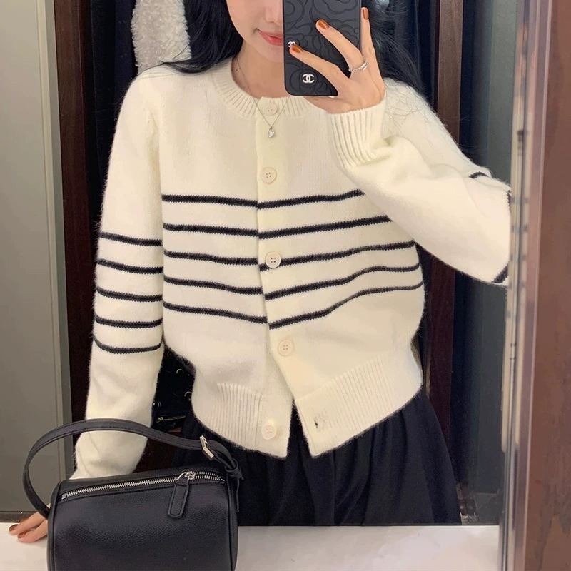 早秋新款休闲简约圆领针织开衫女装韩版撞色条纹宽松显瘦毛衣外套|undefined