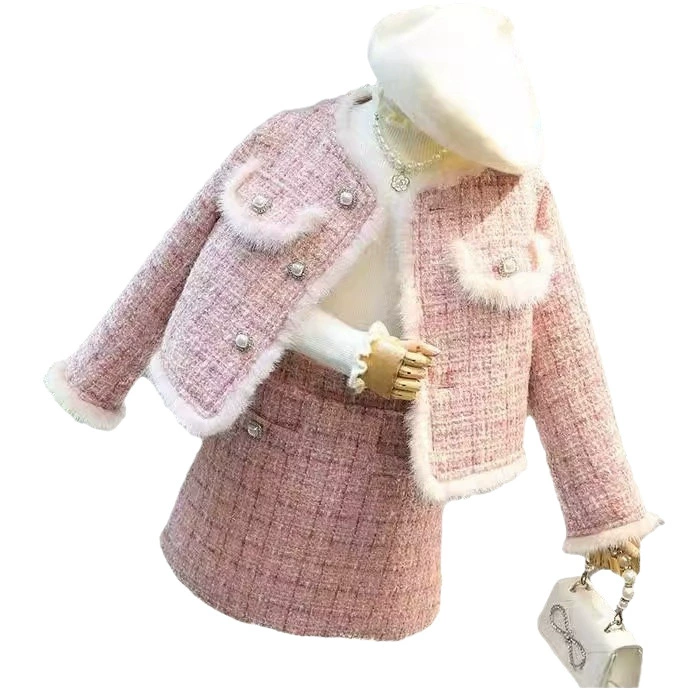 Зимний тёплый набор, пальто из шерсти, юбка для девочки, стиль Chanel