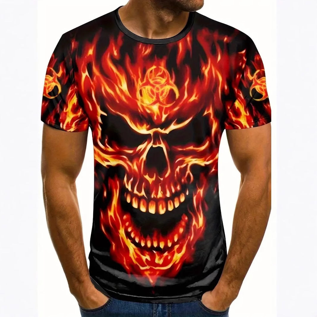 Hellfire Skull 3D Impresión digital de los hombres Verano suelto de malla de la calle alta transpirable de manga corta con cuello redondo camiseta en stock