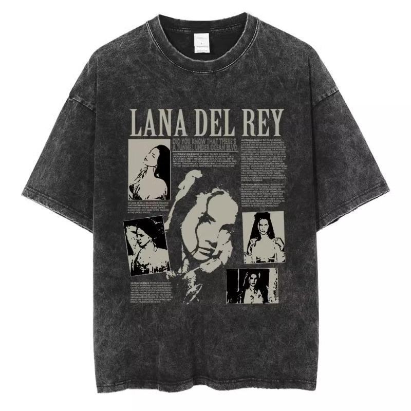 90S Singer Lana Del Rey Washed T-Shirt Harajuku Men's Retro Distressed Short-Sleeved Large Size Pure Cotton Trendy T-Shirt