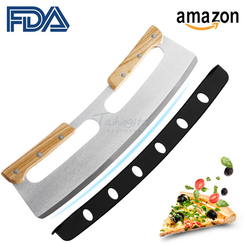 Upgraded double handle pizza knife, wooden handle semi-circle pizza rock knife, stainless steel pizza cutter, new protective cover