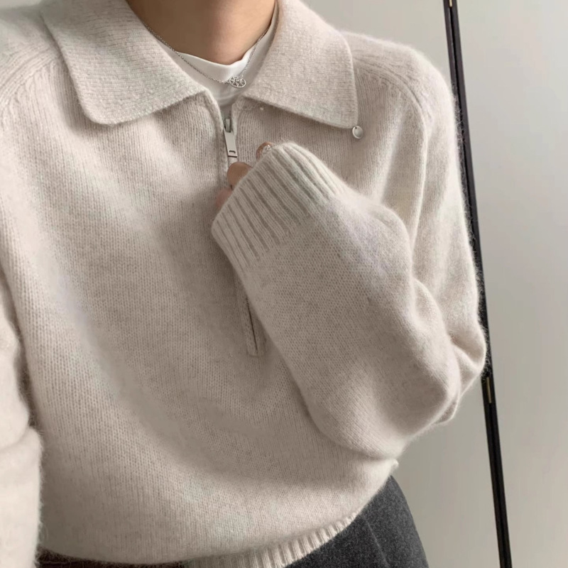 极简风气质Polo领半拉链宽松显瘦针织衫女装秋冬2025新款百搭上衣|undefined
