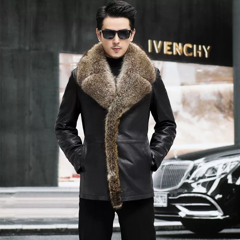 Winter elite leather long warm jacket, genuine leather, mid-length