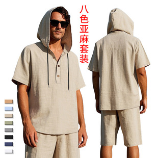 Cross-border Amazon Summer Men's Loose Linen Hooded Henley Shirt Hooded Short-sleeved Shorts suit Men's Two-piece Set