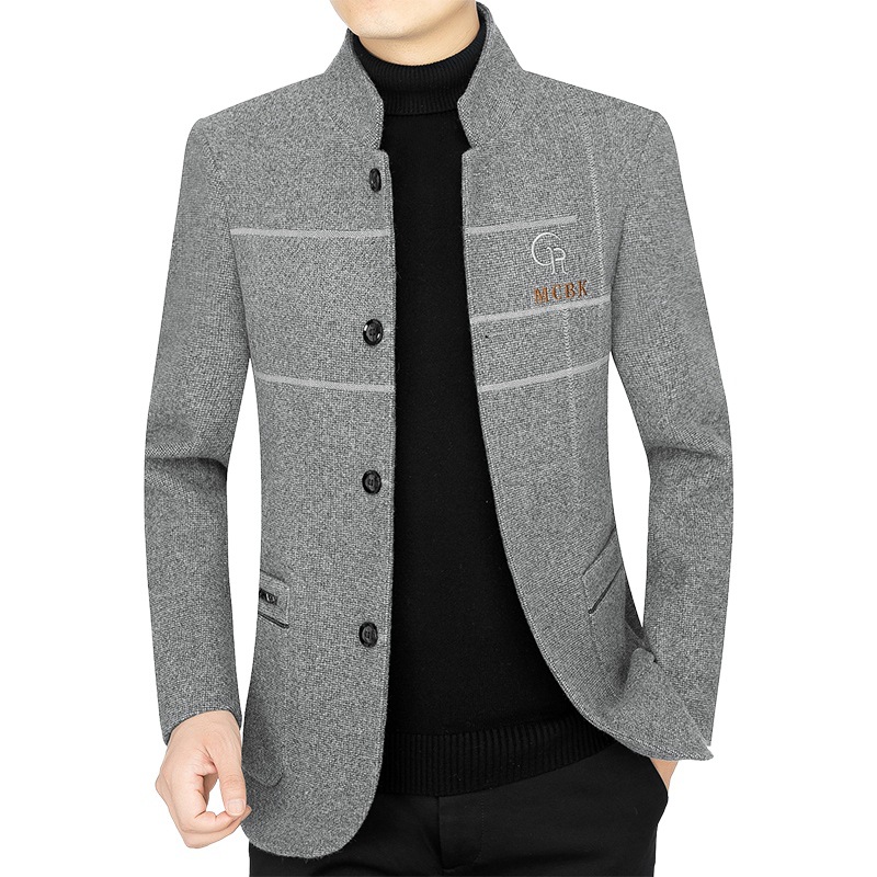 Chaqueta de lana gruesa para hombres de mediana edad, otoño e invierno 2025, cuello alto, estilo casual de negocios, abrigo de lana para papá