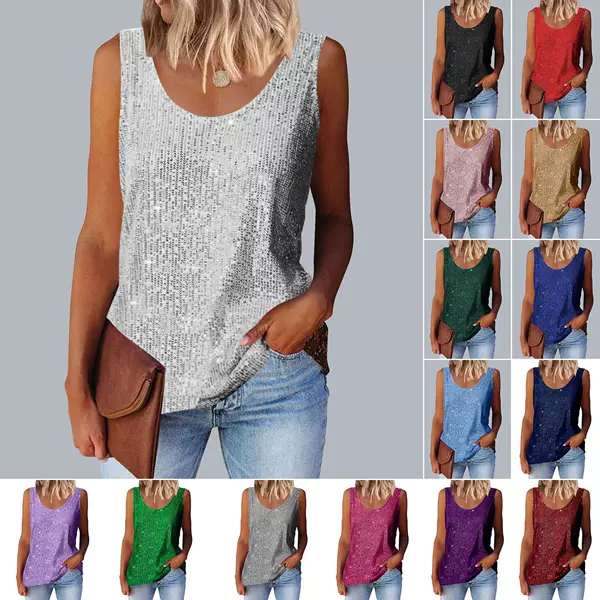 Amazon Ebay Cross-Border European and American Women's Commuter Sequined Loose Round-Neck Vest for Women 15 Colors in Stock