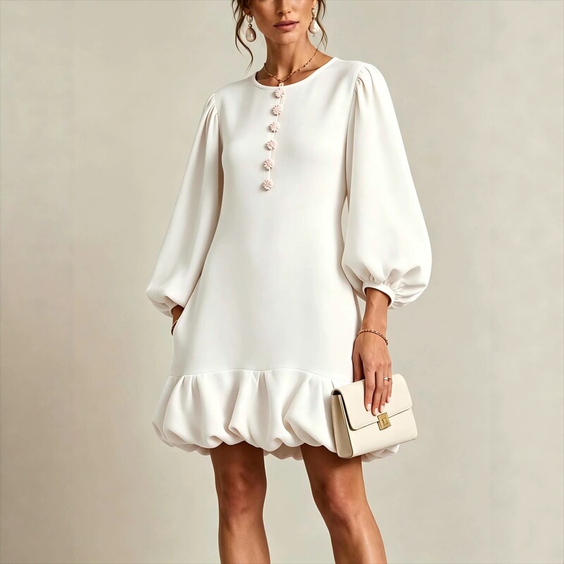 2026 cross-border Amazon European and American new floral button loose ruffled lantern sleeve round neck three-quarter sleeve dress 2026 cross-border Amazon European and American new floral button loose ruffled lantern sleeve round neck three-quarter sleeve dress