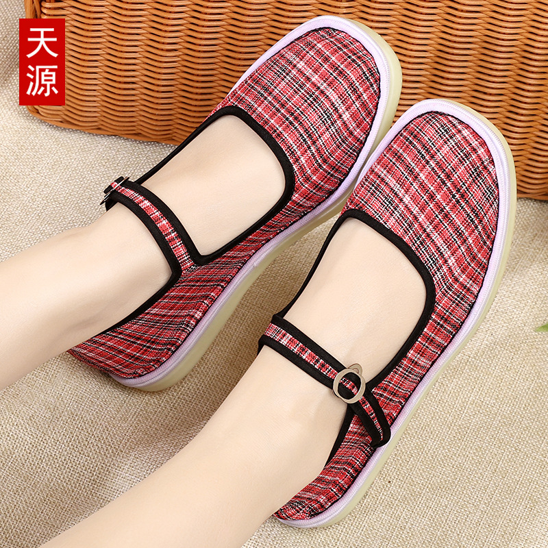 Tendón de res, suela de tendón de res, línea hecha a mano, lona a cuadros, zapatos de costura con hebilla de punta redonda para damas, zapatos casuales planos, nuevo estilo image 1