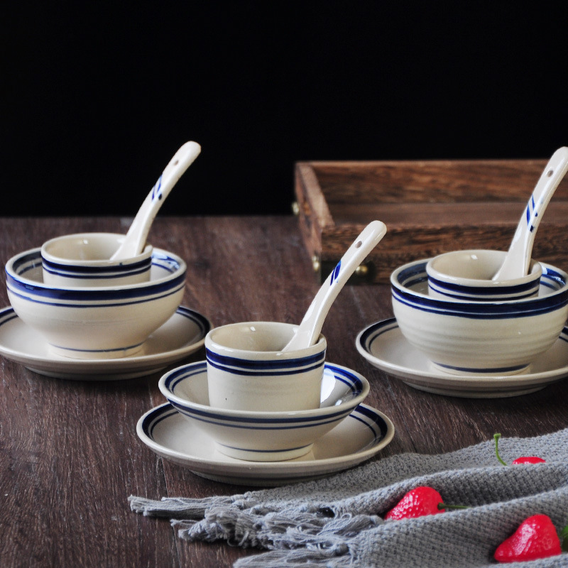 Handmade stoneware bowl clay pottery bowl coarse porcelain bowl ceramic rice bowl tea cup dip bowl four-piece set nostalgic retro