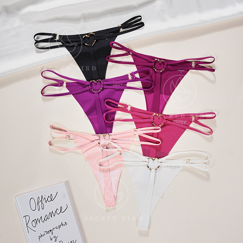 Sexy Double Thin Belt Metal Ring Buckle Pure Cotton Crotch Girls' Underwear Non-marking Ice Silk Large Size T-pants Women's T-shaped Underwear