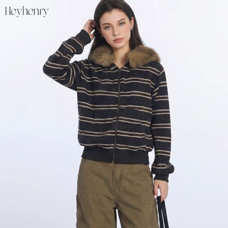 HeyHenry条纹可拆毛领短外套女秋冬新款针织休闲开衫夹克复古百搭