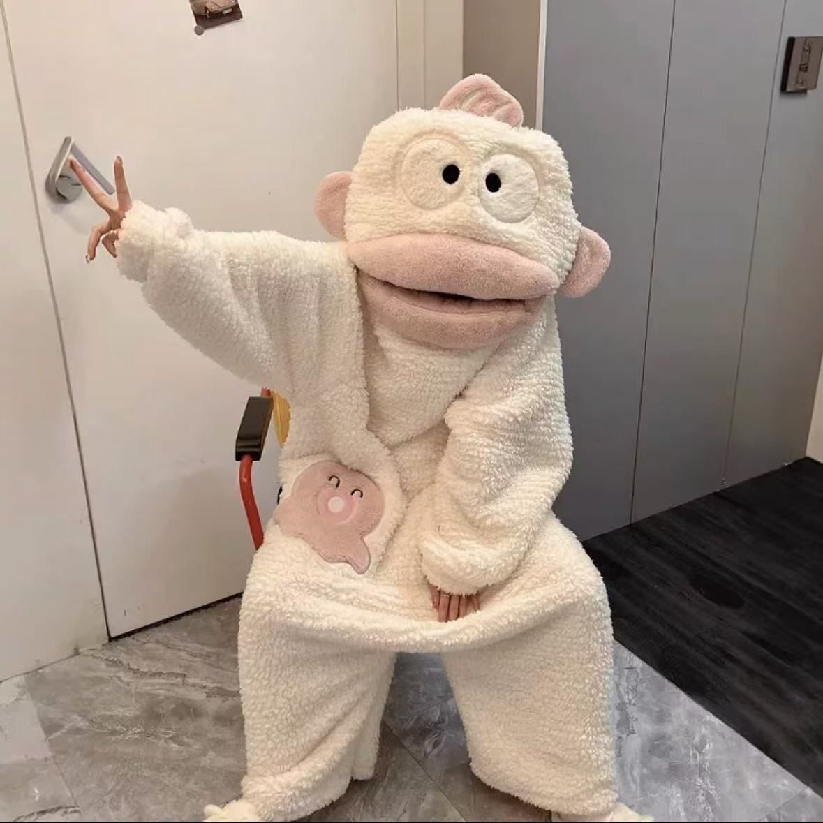 Wholesale Hanton Ugly Fish One-Piece Pajamas for Women, Autumn and Winter Coral Fleece Thickened Men's One-Piece Dropshipping