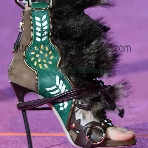 Трансграничная независимая станция ins Fashion Show, плюшевые женские Ботильоны на каблуке-шпильке с открытым носком и ремешком