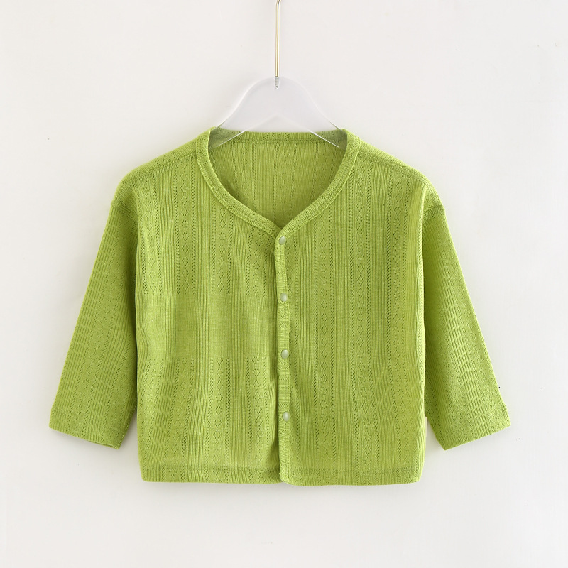Baby knitted cardigan, summer thin pure cotton hollowed-out short-sleeved jacket, breathable air-conditioned shirt, V-neck top