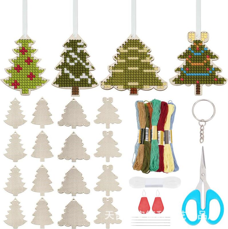 Wooden Christmas Tree Cross Stitch Keychain suit Wooden Children's Embroidery Handmade DIY Tree Shaped Wood Pieces