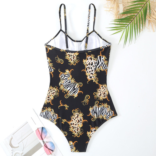 2025 European and American one-piece swimsuit for women, conservative, slimming, retro printed, with underwire, chiffon long dress-style swimsuit