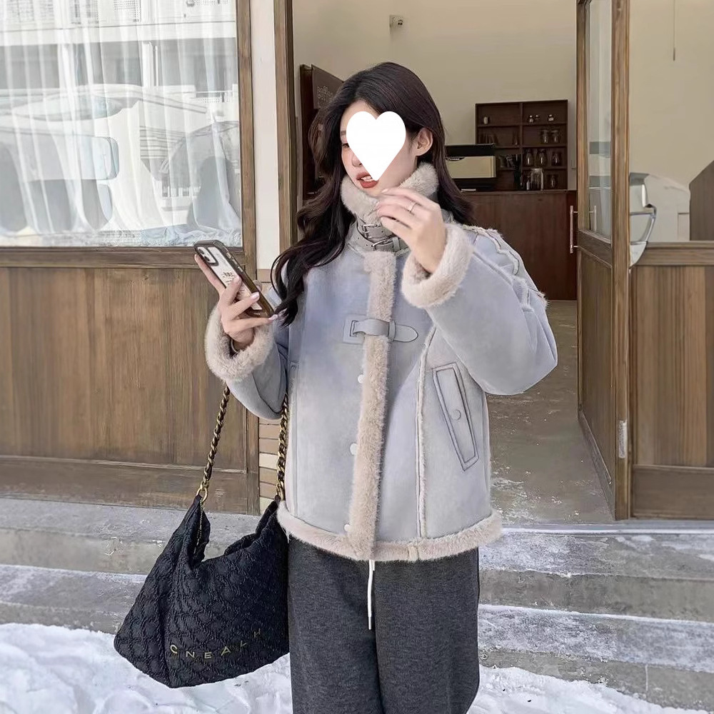 헤이즈 블루 람스울 코트 여성의 가을과 겨울 잘 보이는 인기있는 모피 스웨이드 코튼 패딩 코트