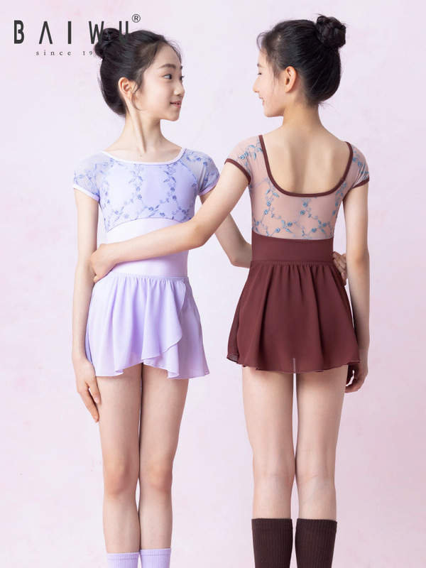 柏屋儿童体操服芭蕾舞服刺绣花网短袖形体服女童练功服125242027|undefined