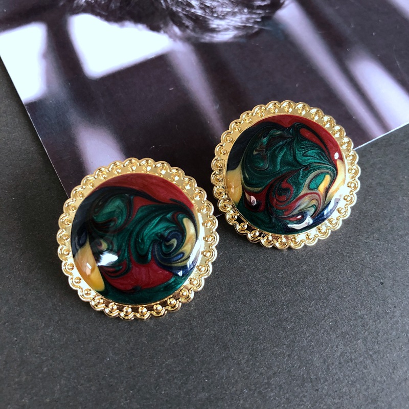 14g Weight No Inlaid Inlay Material Earrings, Ear Studs Classification Wedding, Travel Occasion Alloy Material Printing Pattern Women'S Gender Fashion Style Green, Silver Color Retro Red Oil Drip Glaze Enamel Heart Wave Dot Color Matching Geometric Earrings Wholesale Nihaojewelry 3