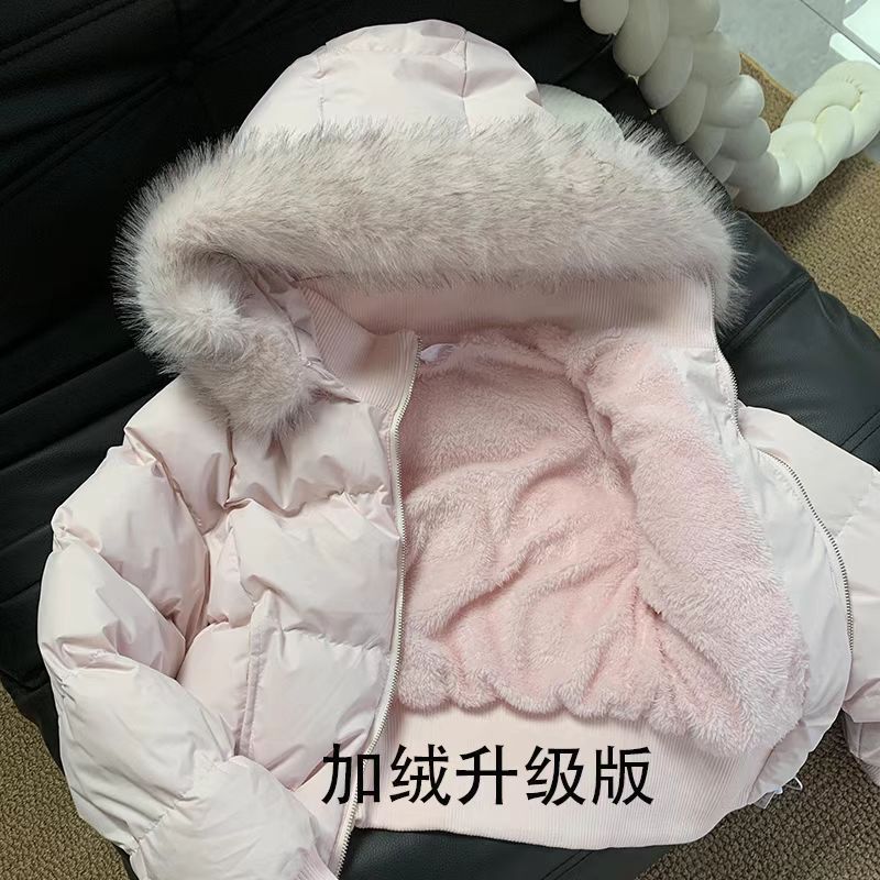 Gentle style pink cotton jacket for women, short hooded puffer coat with large fur collar, slim fit, flattering for petite figures, thickened for winter Gentle style pink cotton jacket for women, short hooded puffer coat with large fur collar, slim fit, flattering for petite figures, thickened for winter