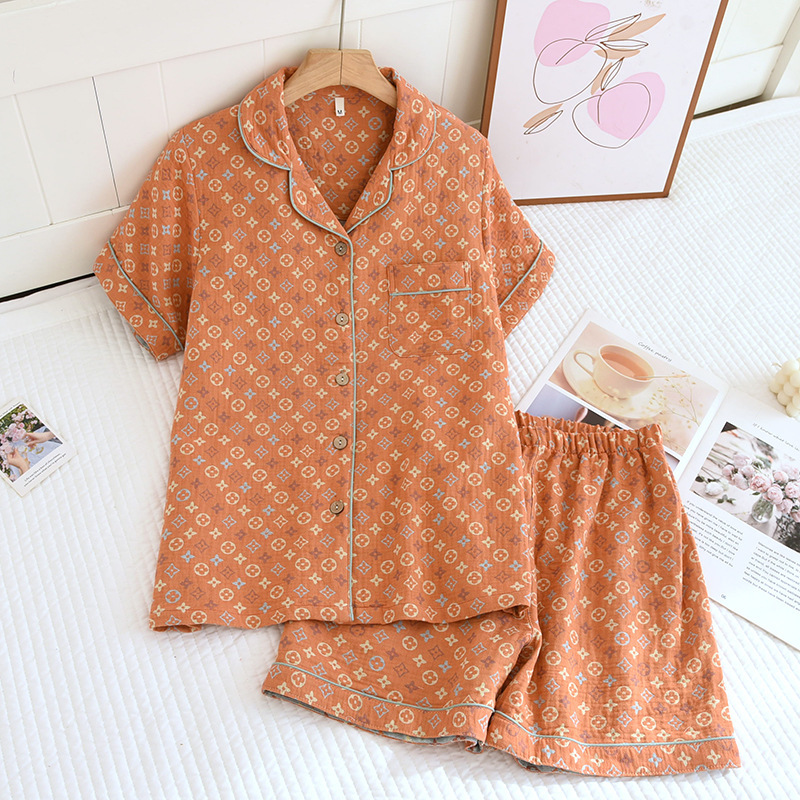 Summer New Cotton Yarn-dyed Pajamas Women's Short-sleeved Trousers Cardigan Home Clothes Retro Casual Two-piece Set Spring and Summer