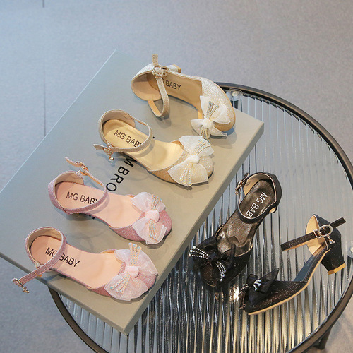 Korean style fashionable sweet flower children's high heels thick heels  summer new girls sandals children's shoes wholesale