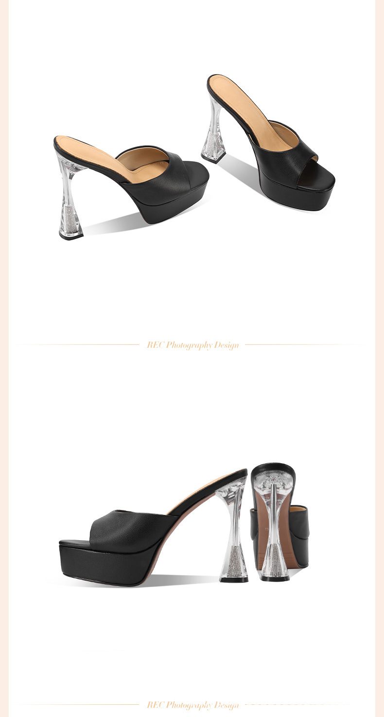 Sandal cao gót nữ hở mũi đế dày platform da thật gót pha lê — đen chi tiết 3