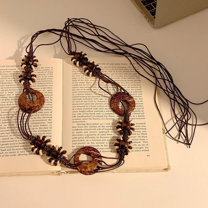 4 # Black round coconut shell rice brown beaded leather rope about 170cm long