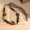 4 # Black round coconut shell rice brown beaded leather rope about 170cm long