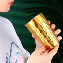 韩式304不锈钢双层水杯创意花纹果汁杯家用防摔果汁杯 金色酒杯子