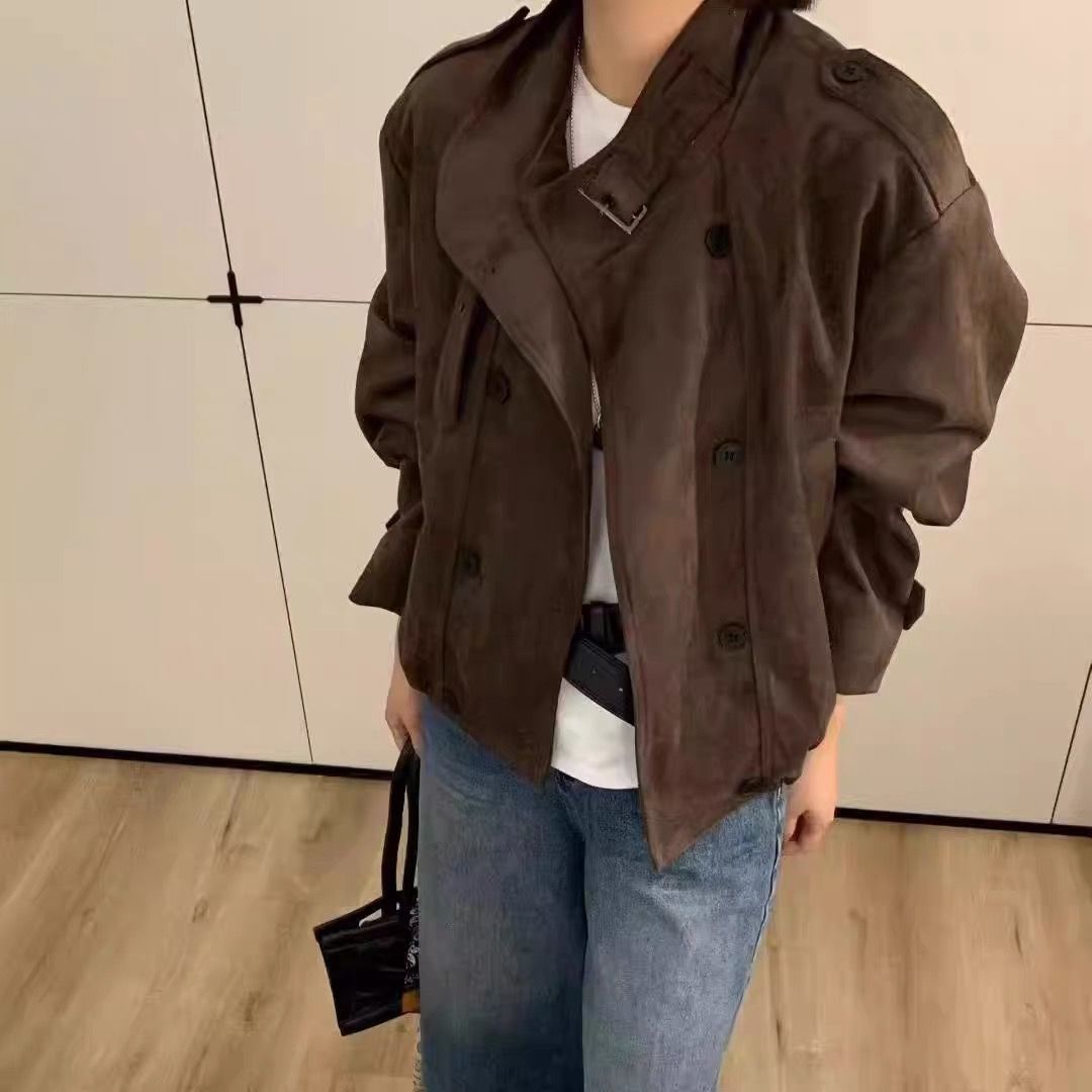 美式复古麂皮绒风衣外套女欧货2025秋季新款时尚休闲宽松夹克上衣