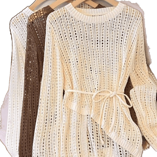 Summer Bestselling Thin Lazy Style High-Grade Air Conditioner Cover Shirt Crew Neck Irregular Crochet Lattice Knit Shirt for Outside Wear New