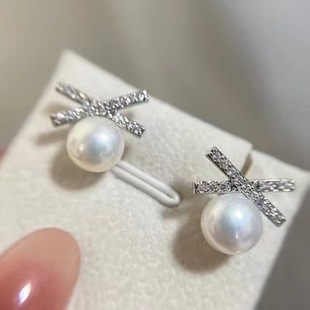 Silver needle S925 freshwater pearl Zhao Rusi with earrings zircon cross design pearl jewelry earrings wholesale