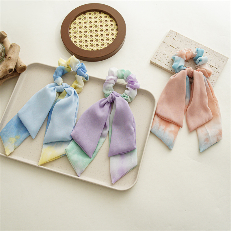 Summer New Tie-Dye Chiffon Double-Layer Ribbon Colon Ring Hair Accessories Japanese-Korean Style Women's Hair Tie Rope Bow Hair Ring